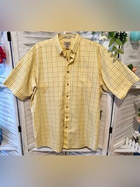 L.L.Bean XL Tall Yellow Blue Windowpane Check Short Sleeve Cotton Shirt